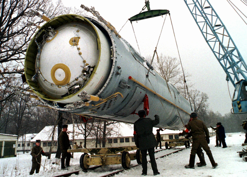 In this Dec. 24, 1997 file photo, soldiers prepare to destroy a ballistic SS-19 missile in the yard of the largest former Soviet military rocket base in Vakulenchuk, Ukraine. The Obama administration is weighing a range of aggressive responses to Russia’s alleged violation of a Cold War-era nuclear missile treaty, including deploying land-based missiles in Europe that could pre-emptively destroy the Russian weapons. This “counterforce” option is among possibilities the administration is discussing as it reviews its entire policy toward Russia in light of Moscow’s military intervention in Ukraine, its annexation of Crimea and other confrontational actions in Europe and beyond. The options go so far as one implied — but not stated explicitly — that would improve the ability of U.S. nuclear weapons to destroy military targets on Russian territory. (AP Photo, File)